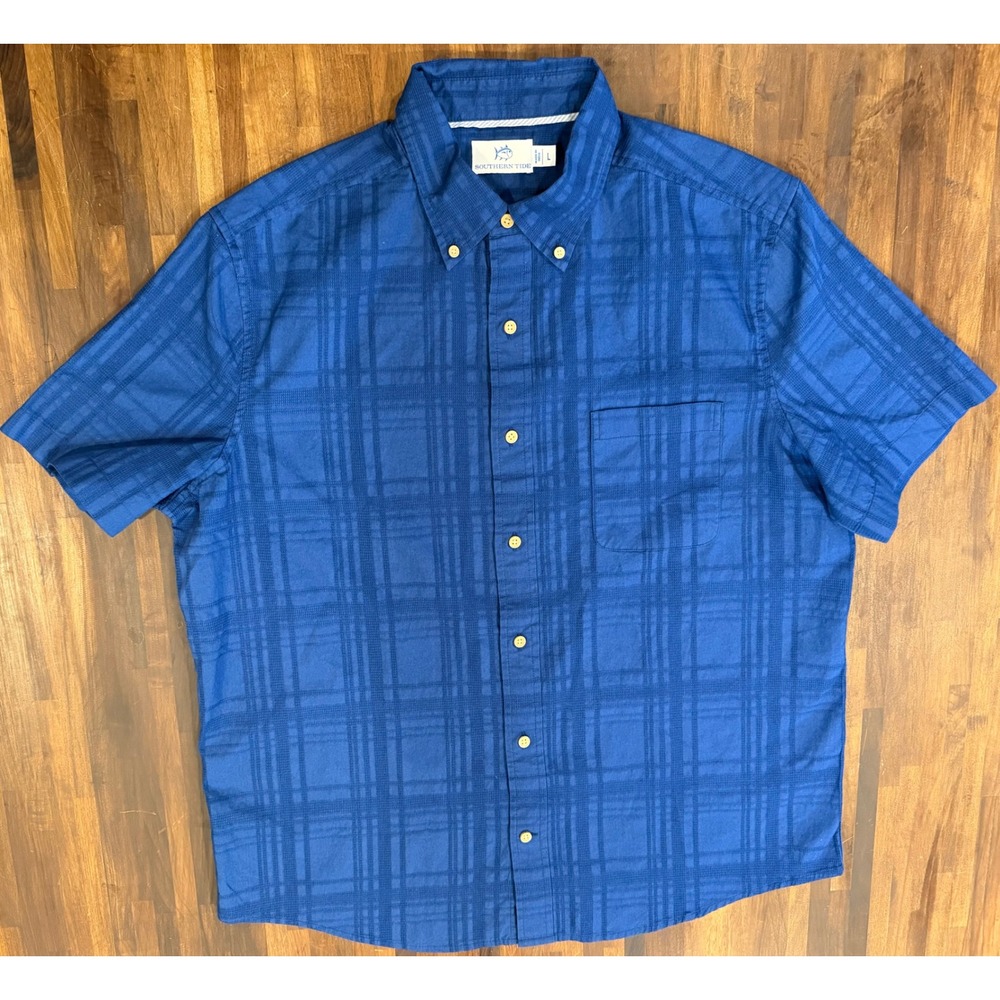 Southern Tide Mens Blue Plaid Short Sleeve Button Down Shirt Large 100% Cotton